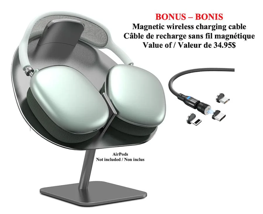 Grey aluminium headphone stand with 45 degree tilt and magnetic charging cable