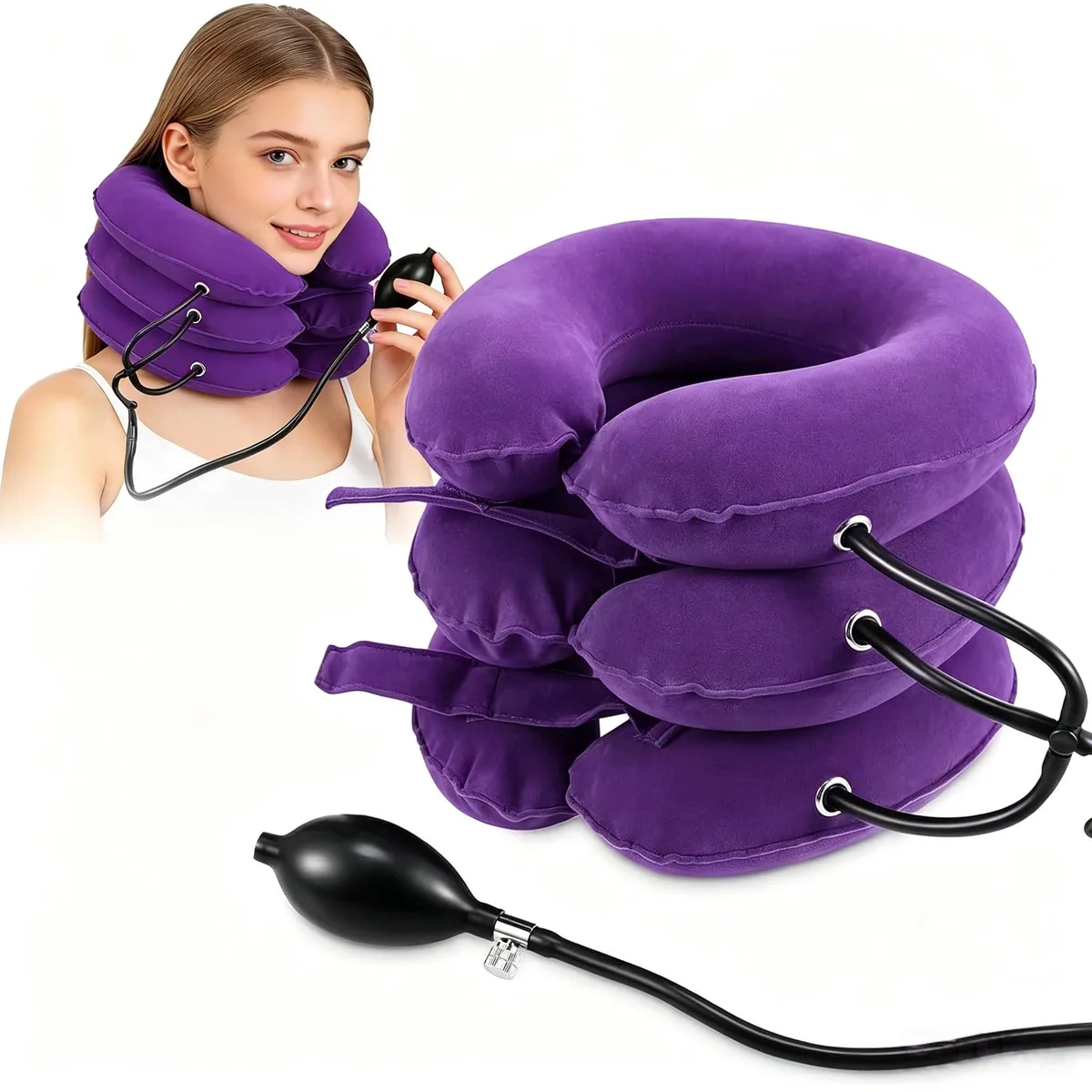Small black inflatable cervical traction brace with air valve
