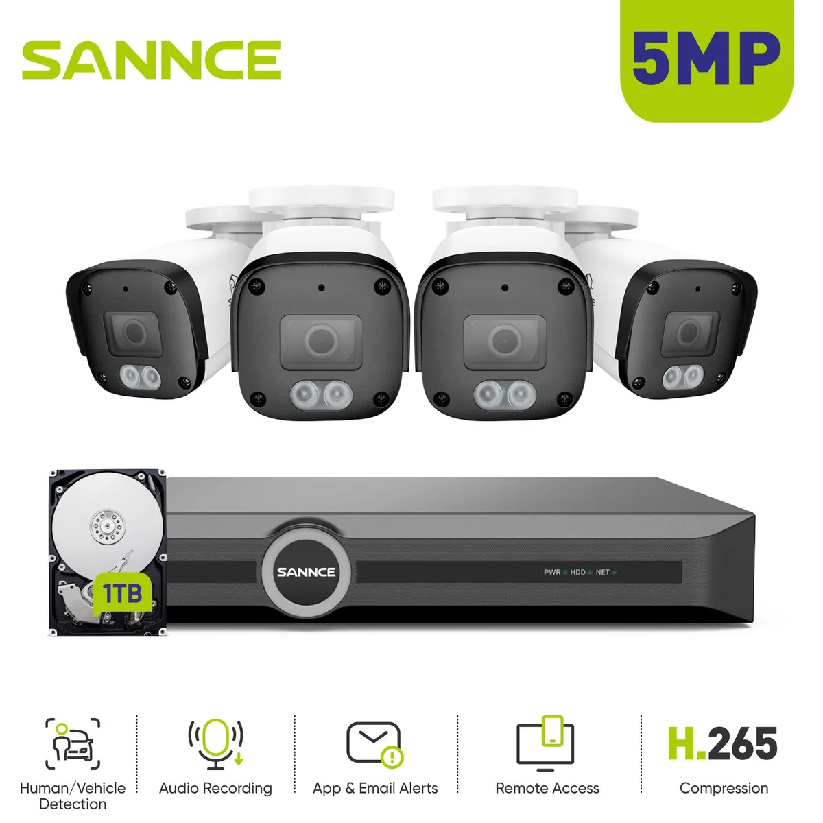 SANNCE SANNCE 5MP PoE Surveillance Security System 8CH NVR 4 Cameras 1TB HDD — product photo