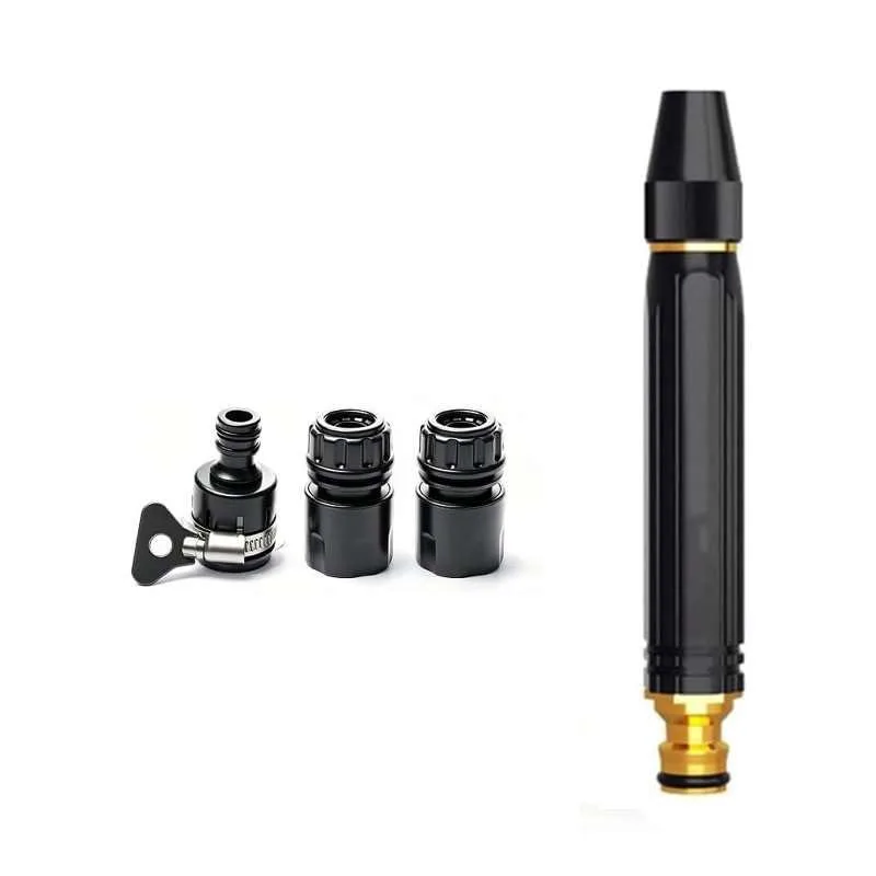 Metal garden hose nozzle with brass connector, adjustable spray head, heavy-duty finish