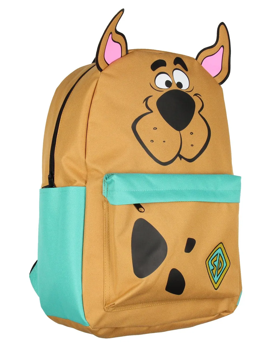 Beige polyester laptop backpack with 3D Scooby Doo ears extending from top, embroidered dog tag on front pocket