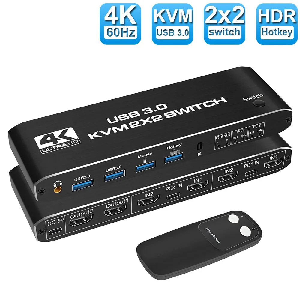 ESTONE ESTONE 2-in-2-out HDMI 2.0 KVM Switch 4K 60Hz USB 3.0 — product photo