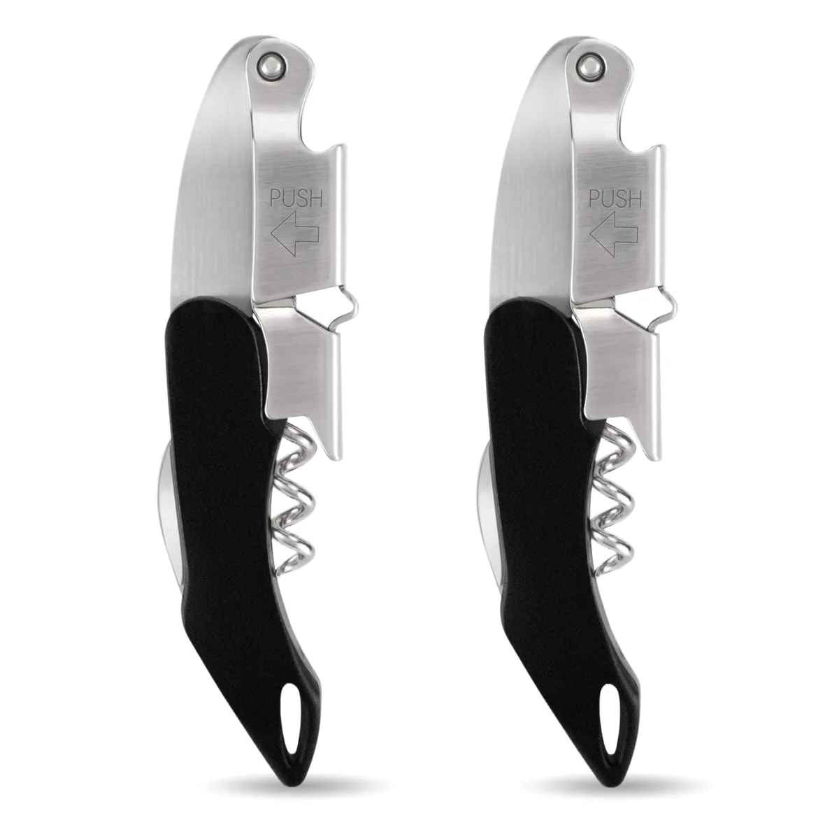 Two black stainless-steel wine openers with double hinges and foil cutters