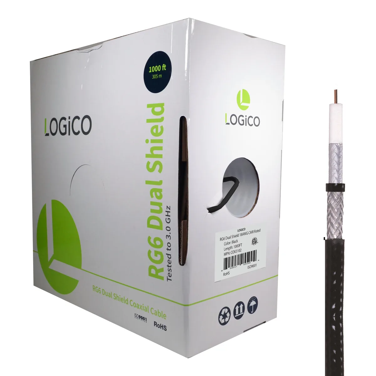 Logico Logico COX3102 RG6 Coaxial Cable CCS 18AWG Dual Shield 1000ft Black — product photo