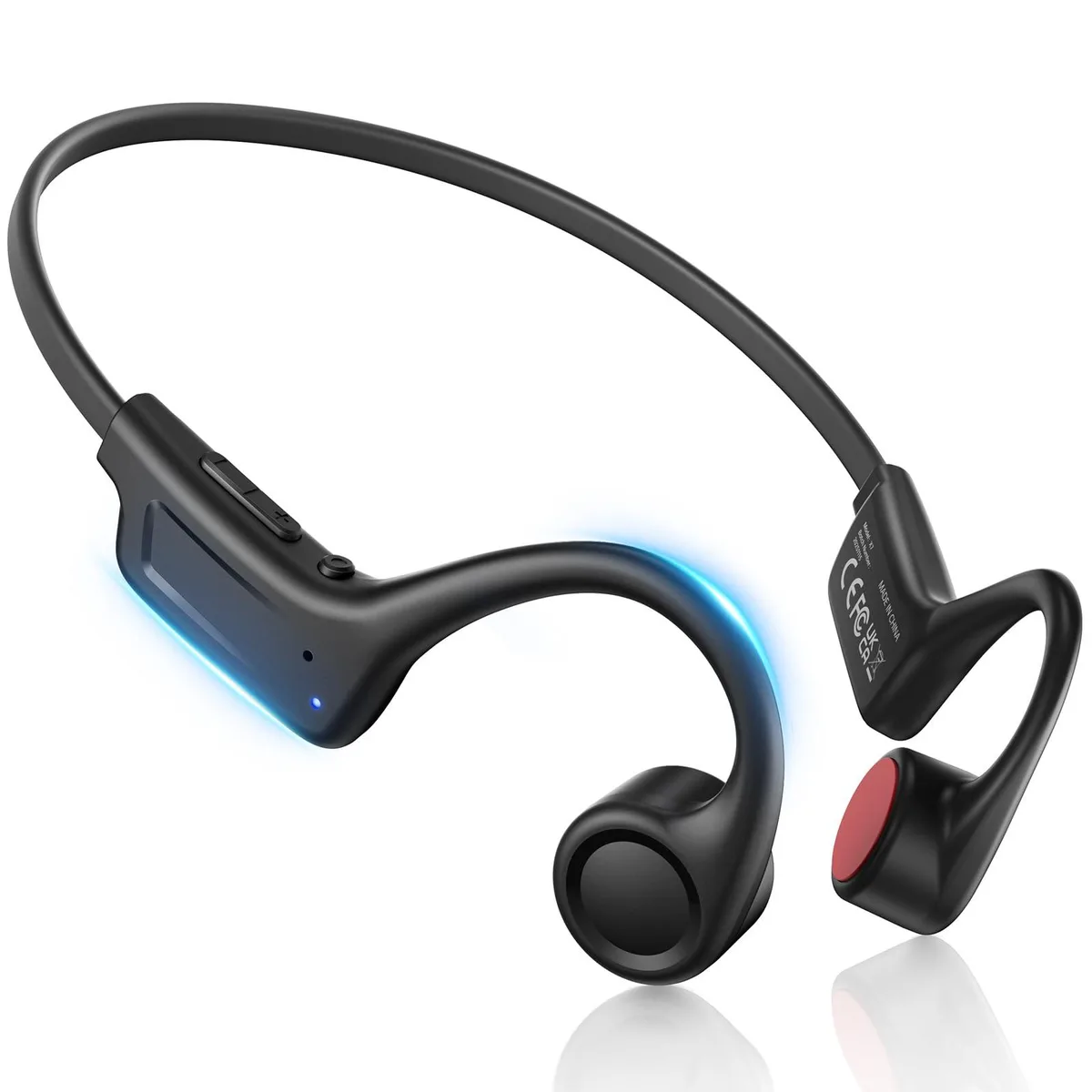 White open-ear bone conduction headphones with titanium wrap-around frame