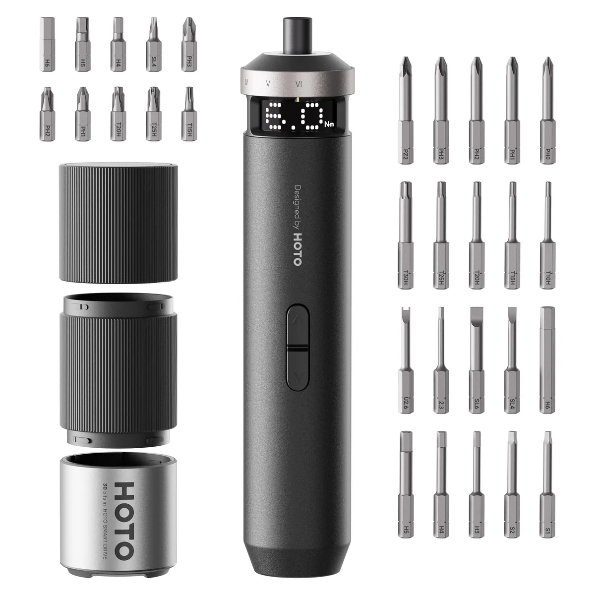 Black cordless electric screwdriver with smart display, 30 bits, LED light