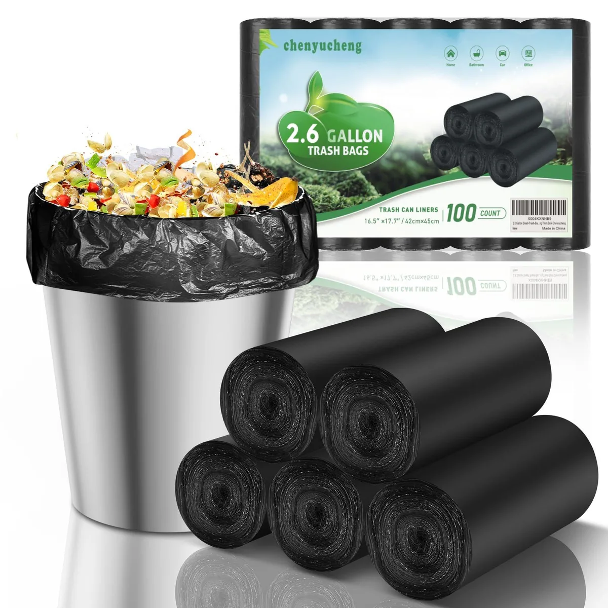 Box of 100 black biodegradable 2.6 gallon trash bags