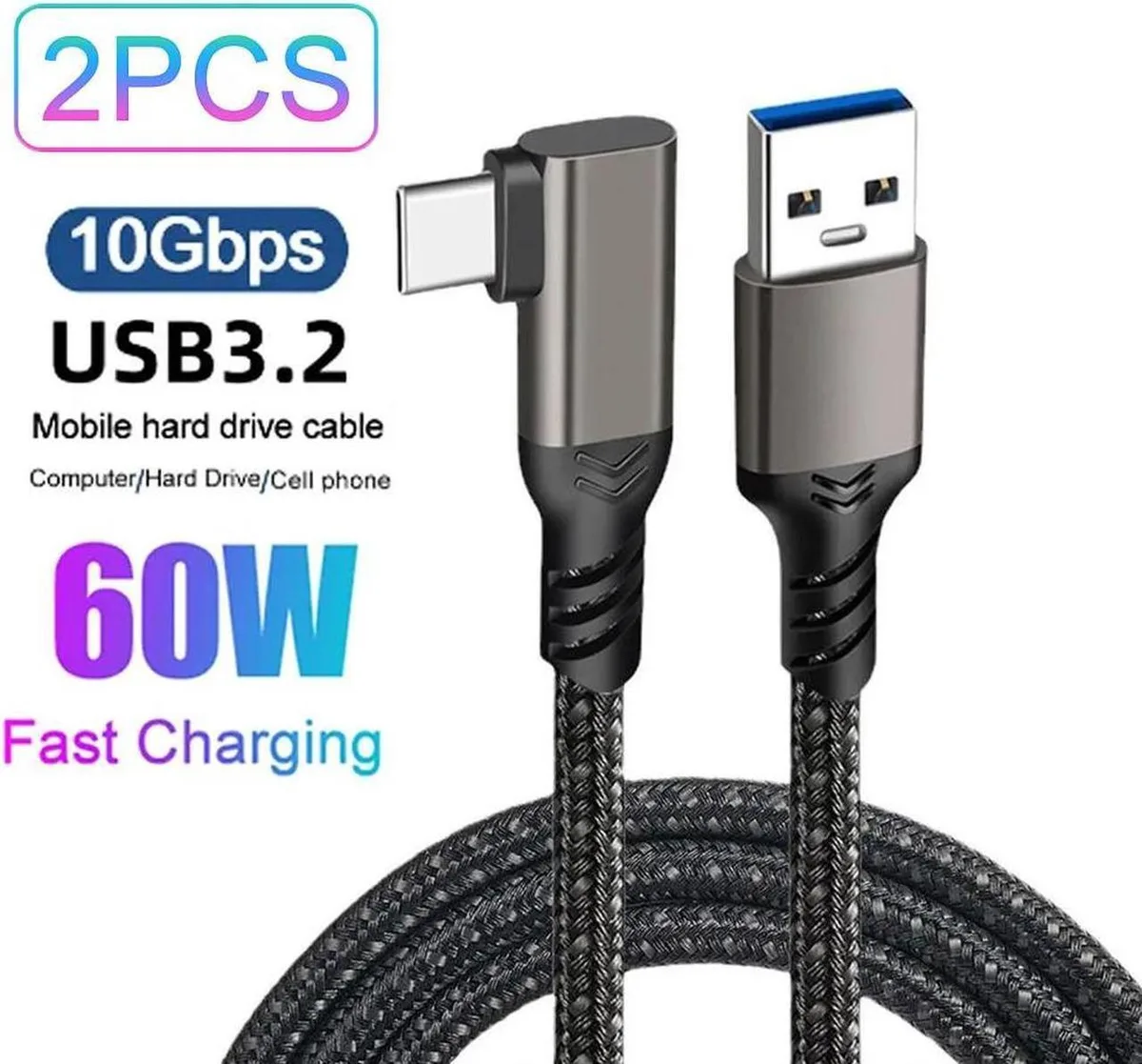 SMUGDESK SMUGDESK 2-Pack USB 3.2 Gen 2 A to C Right Angle Braided Cable 10FT 10Gbps 3A 60W — product photo