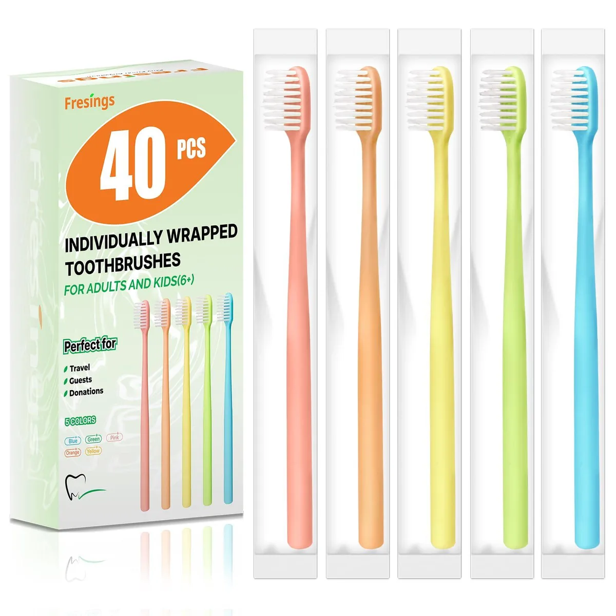 Forty individually wrapped disposable toothbrushes in five assorted colours, compact bulk pack