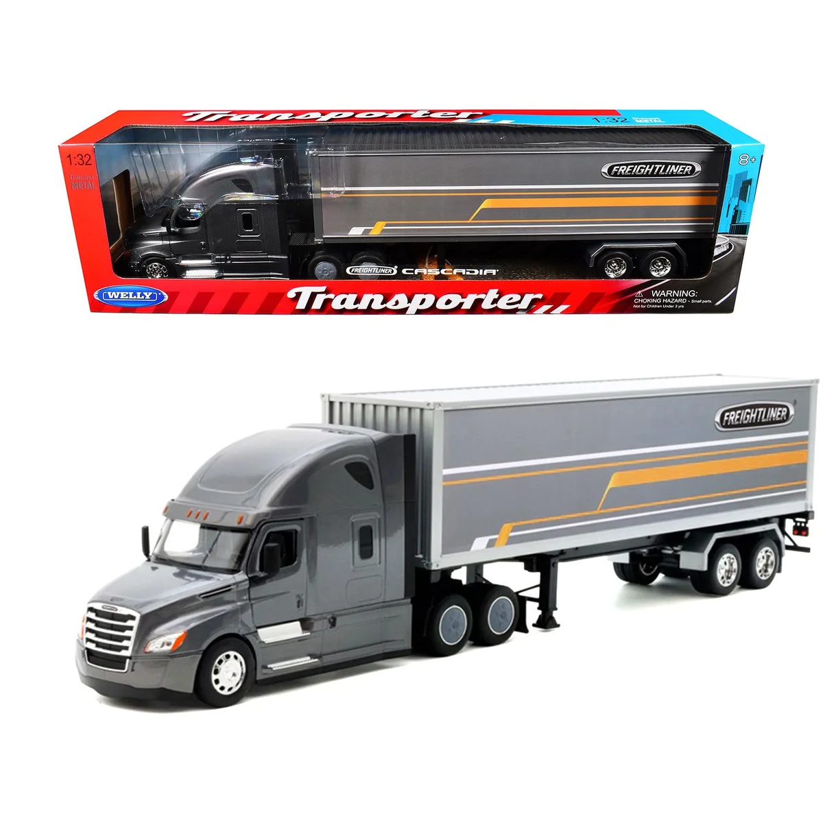 WELLY WELLY Freightliner Cascadia Transporter 1/32 Diecast Truck Gray Metallic with Gray Container — product photo