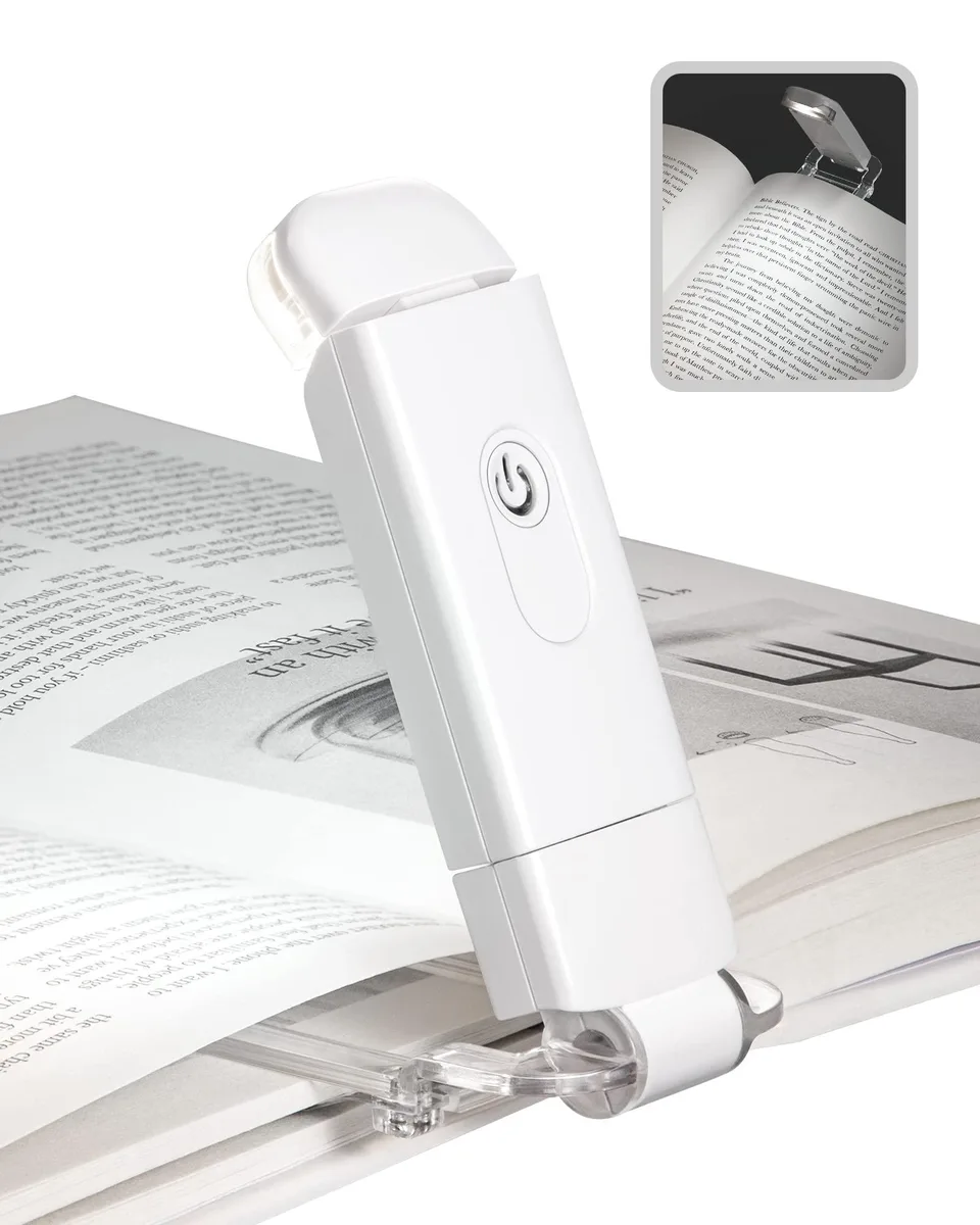 White clip-on book light with flexible neck, folded flat