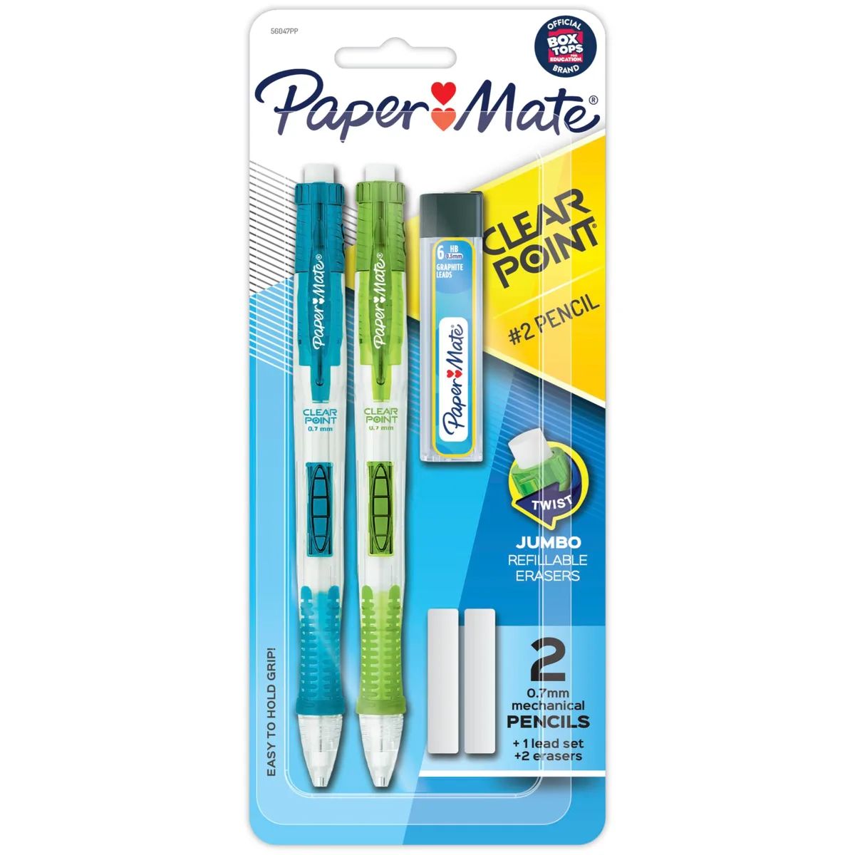 Two clear-barrel mechanical pencils with coloured grips and twist erasers