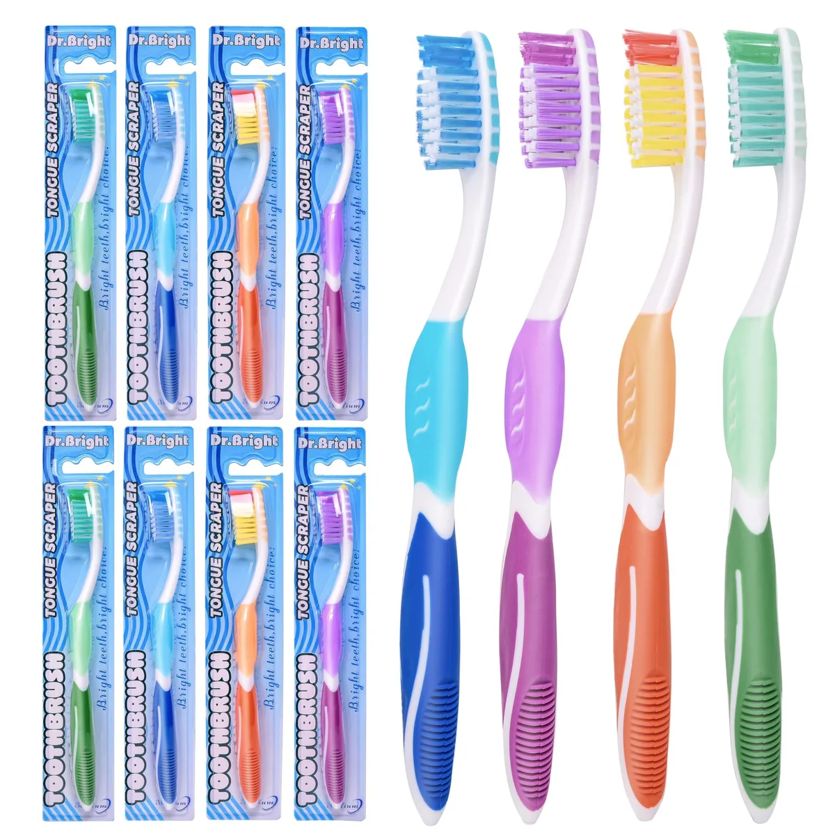 Eight blue medium toothbrushes with built-in tongue scrapers and non-slip silicone handles