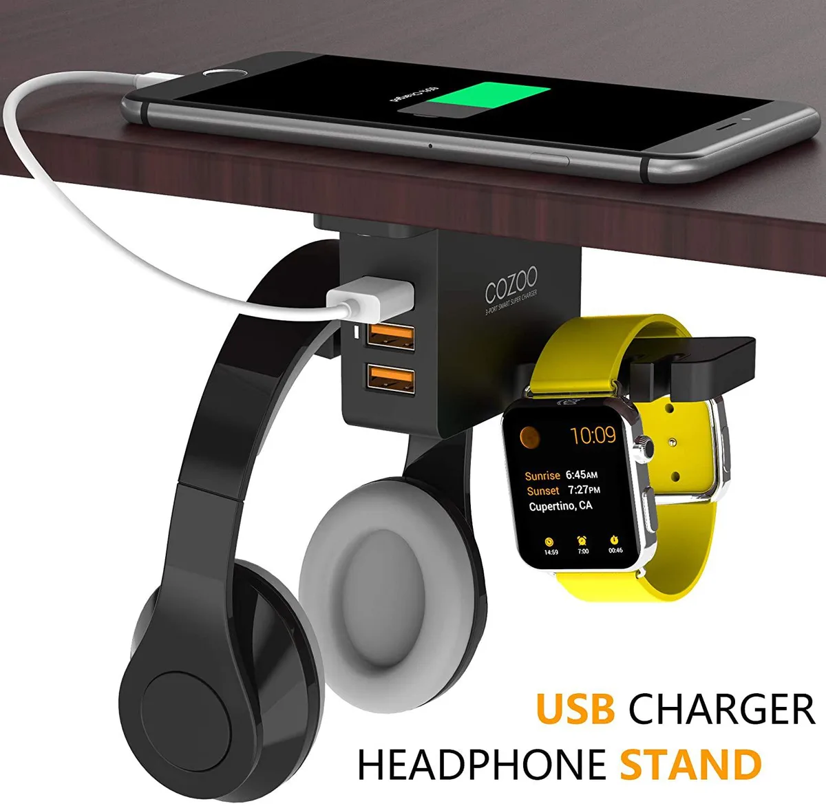Corn Electronics Corn Electronics Under-Desk Headset Stand with 3-Port 4.0 A USB Charger — product photo