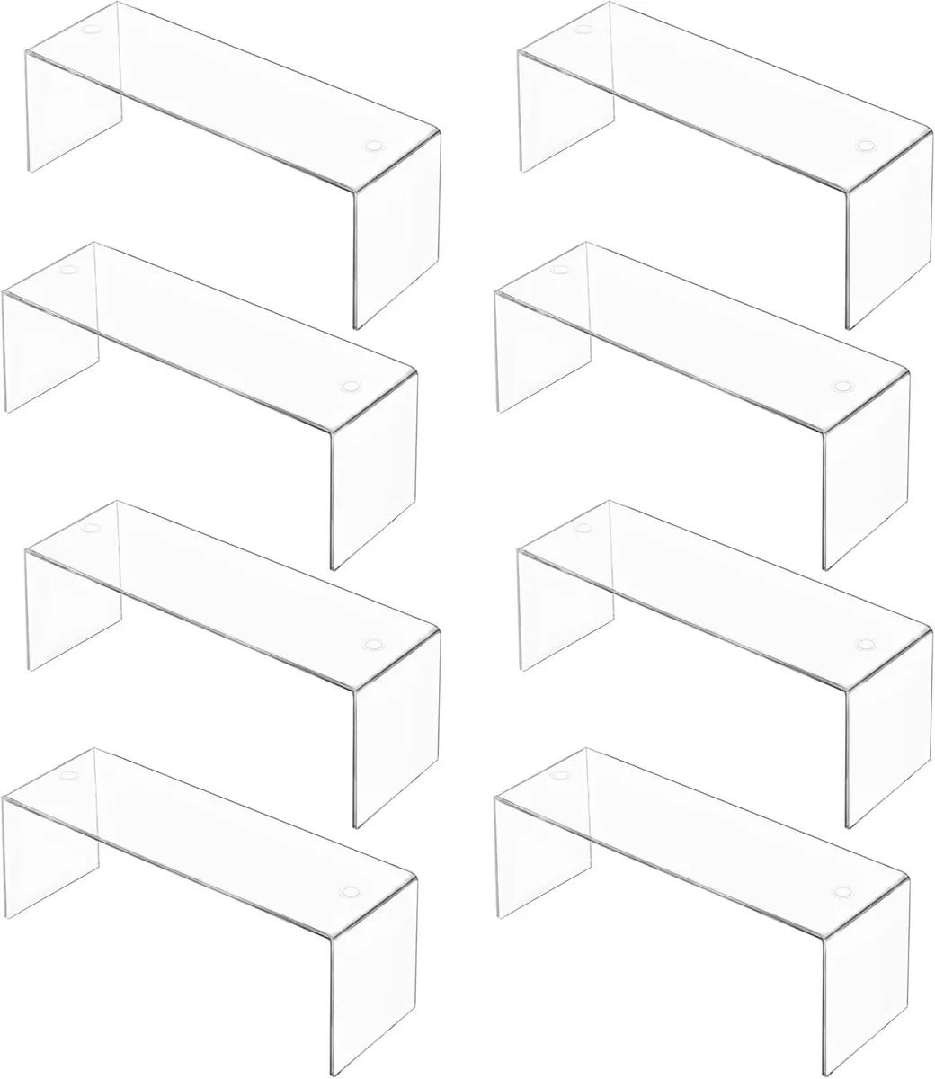 Eight clear acrylic cabinet shelves with silicone feet, each 12.4 by 4 by 4.6 inch