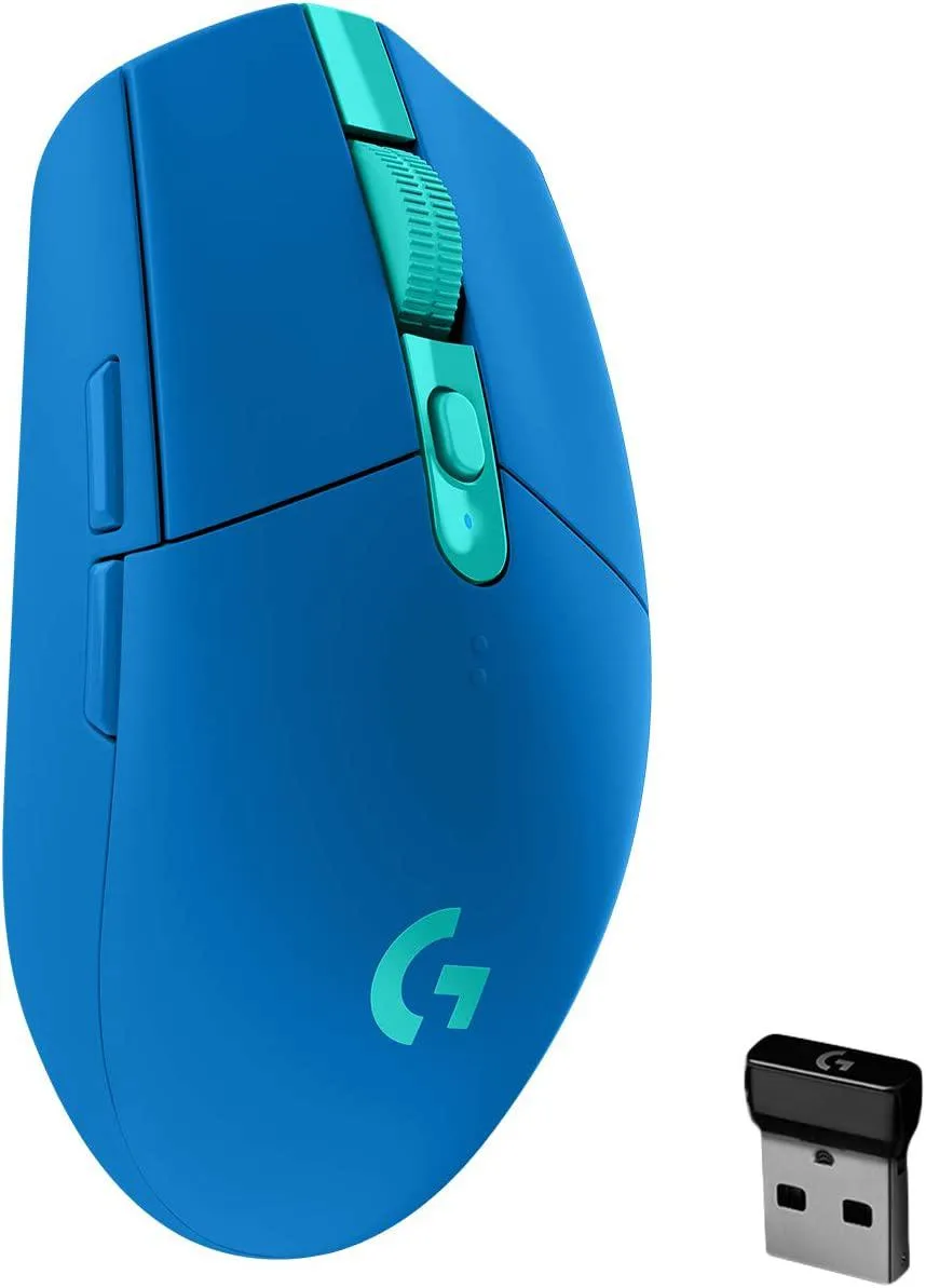 Blue wireless gaming mouse, lightweight compact shape, matte finish, six buttons, USB receiver stored inside