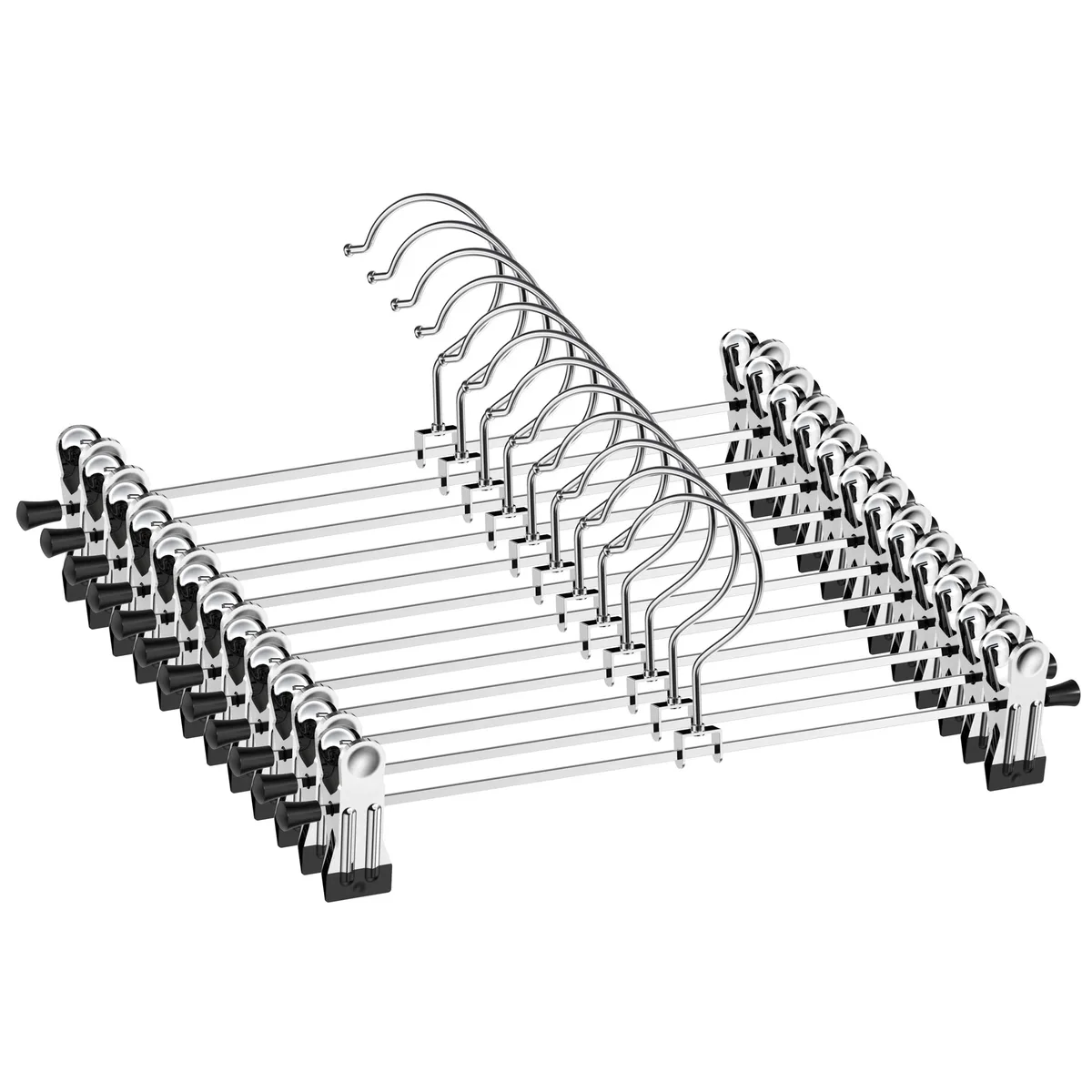Twelve silver metal hangers with black rubber-coated adjustable clips