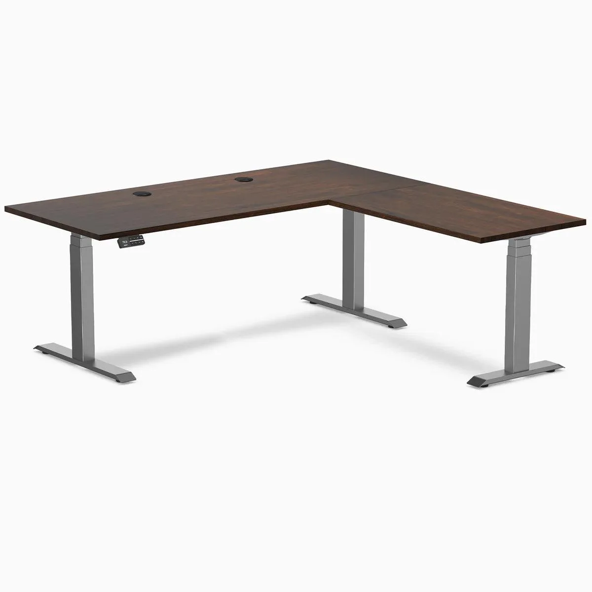Desky Desky Rubberwood L-Shape Sit Stand Desk Dark Walnut Space Gray 72 x 30 x 70 x 24 in with Grommets — product photo