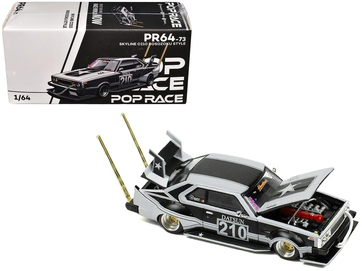 Pop Race Pop Race Skyline C210 Bosozoku Style RHD #210 Matt Black Silver 1/64 hobby collectible — product photo
