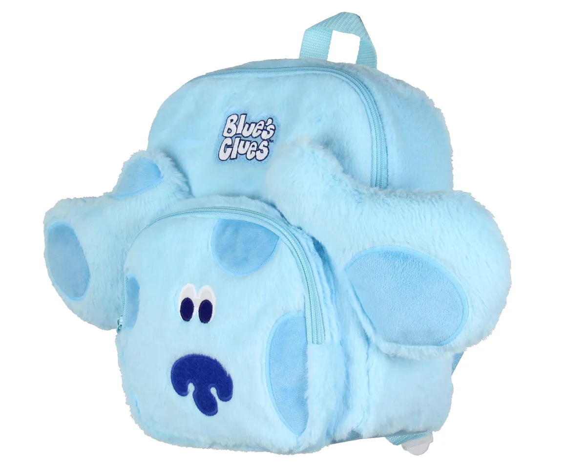 Blue plush backpack with embroidered face and poseable 3-D ears