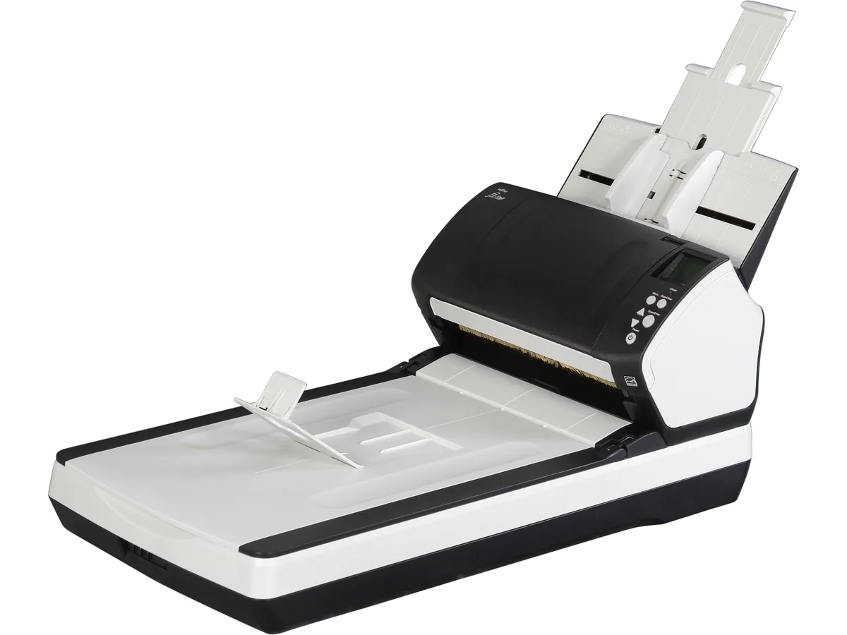 Rectangular desktop document scanner in dark grey with LCD panel and automatic document feeder
