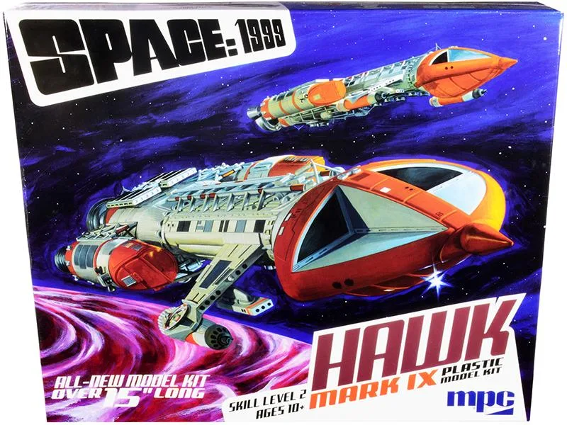 Unassembled 1/48 scale plastic model kit of the Hawk Mark IX Space Fighter from Space: 1999 in vintage box with dome base and decals