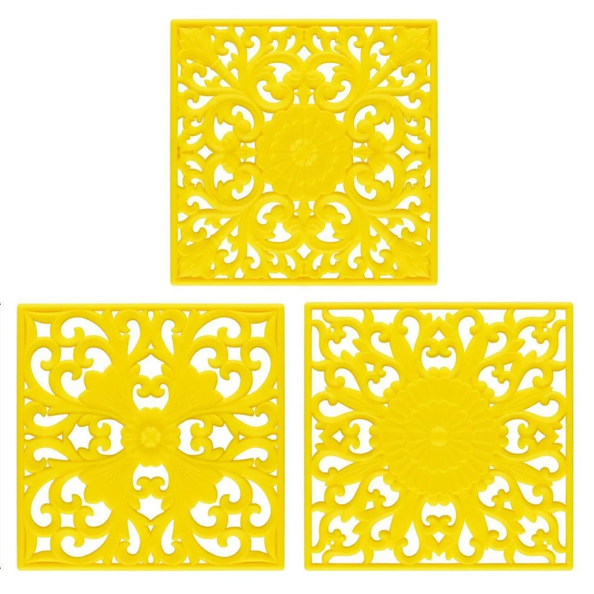 Three square yellow silicone trivets, 7.09 inches, textured non-slip surface