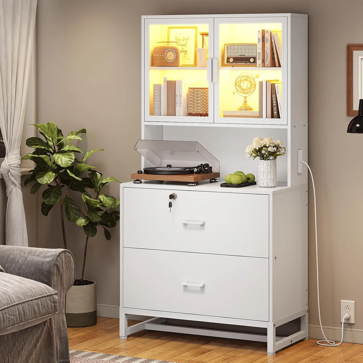 BFKK BFKK 2-Drawer File Cabinet with Lock & Charging Station, White — product photo