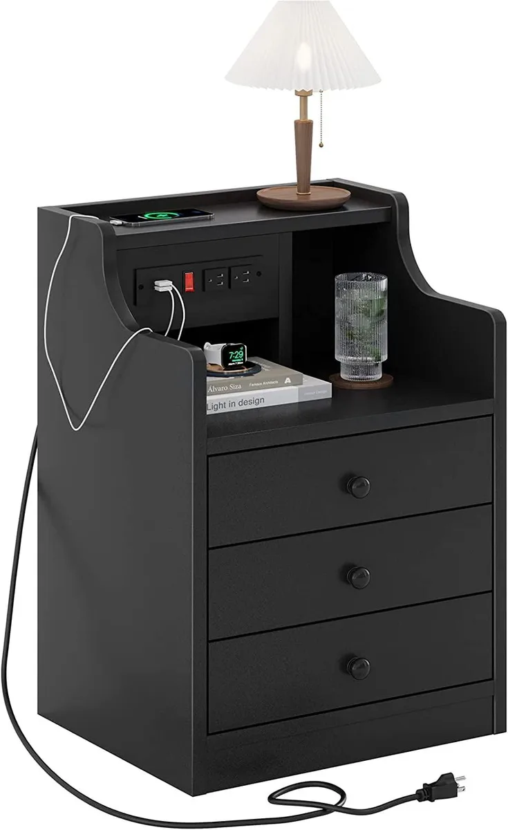 Black rectangular nightstand with two drawers, an open hutch shelf and a built-in charging strip on top