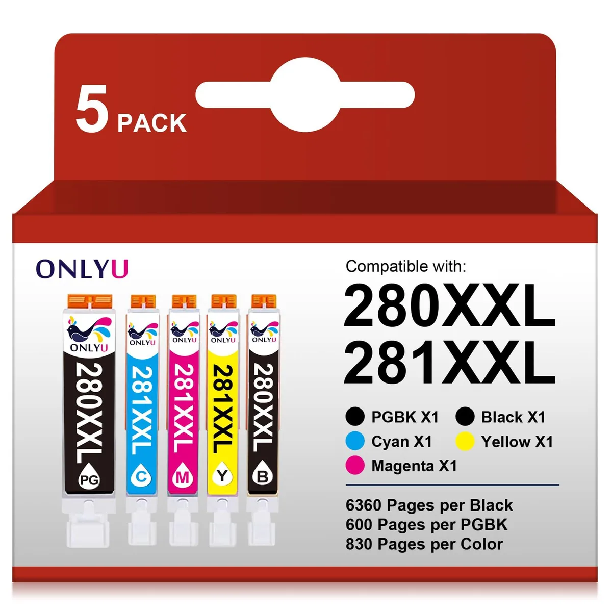 Five ink cartridges in black cyan magenta yellow packaging