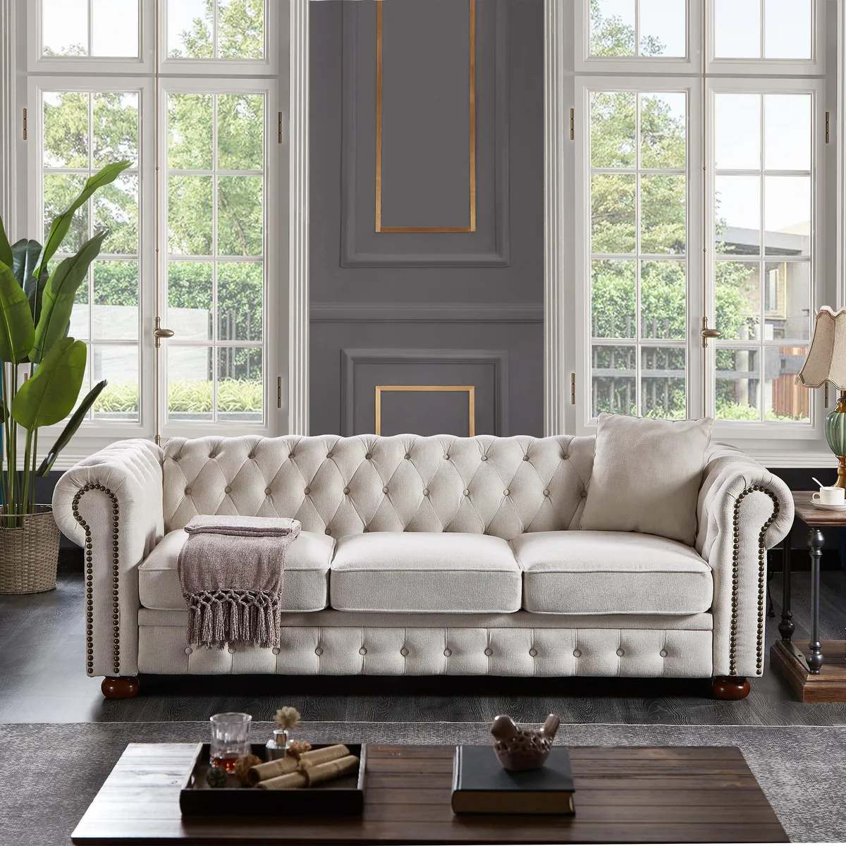 tuphen tuphen Chesterfield sofa beige linen fabric 6.5in cushion — product photo