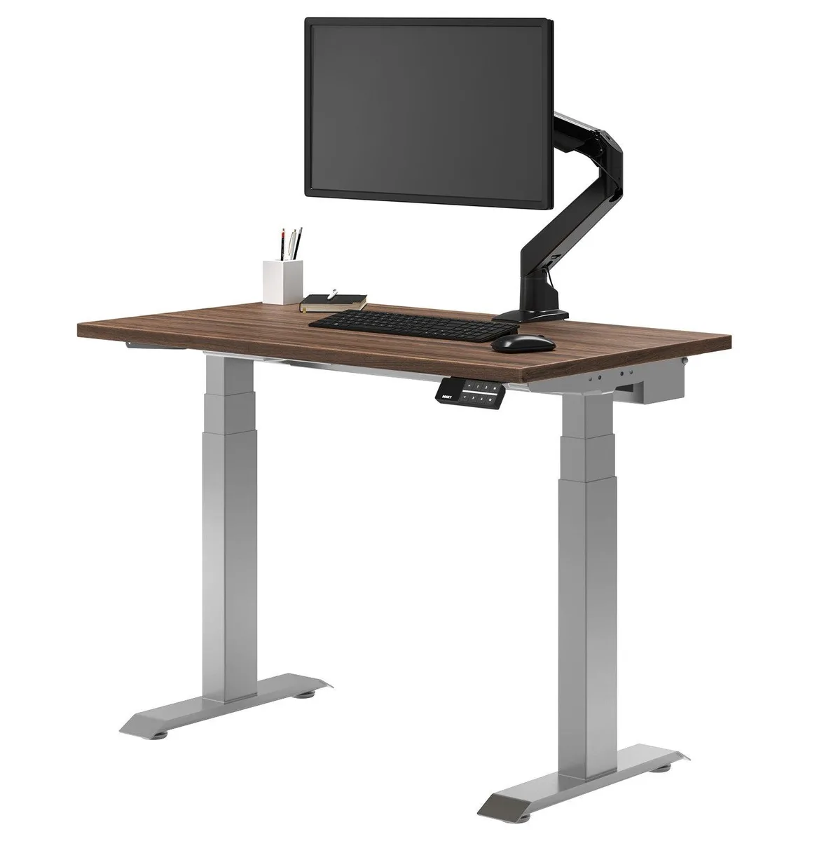 Desky Desky Dual Mini Sit Stand Desk Jarrah Legno Grey 40 x 24 in with Grommets — product photo