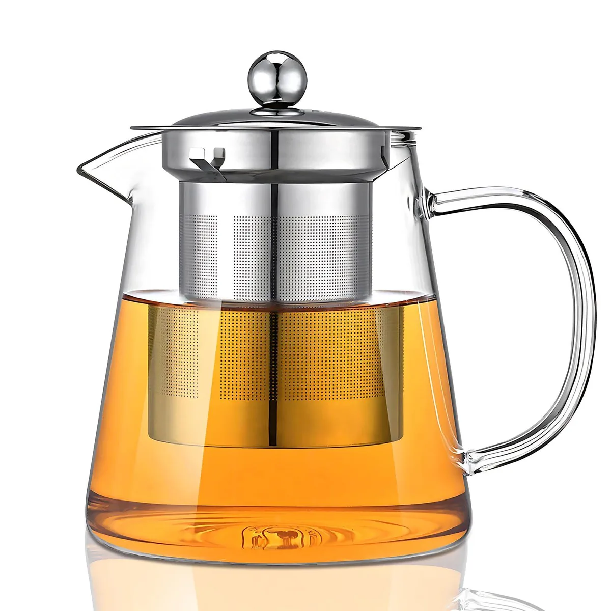 Clear borosilicate glass teapot with stainless steel infuser and lid, eagle-beak spout, 950 ml capacity