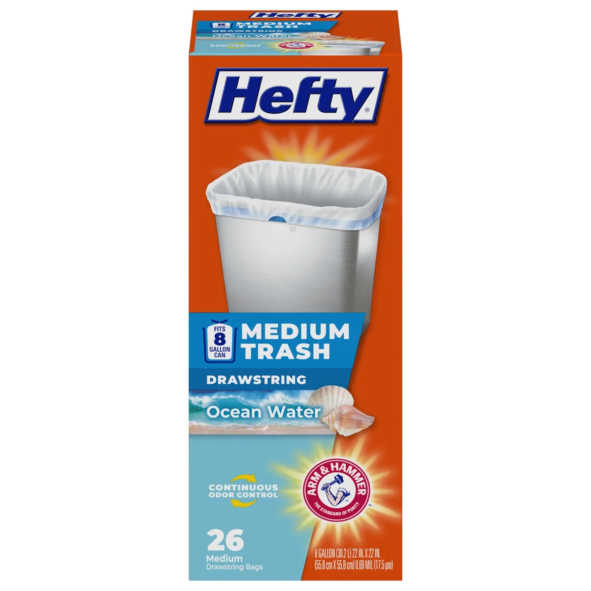 White plastic drawstring trash bags in a retail pack