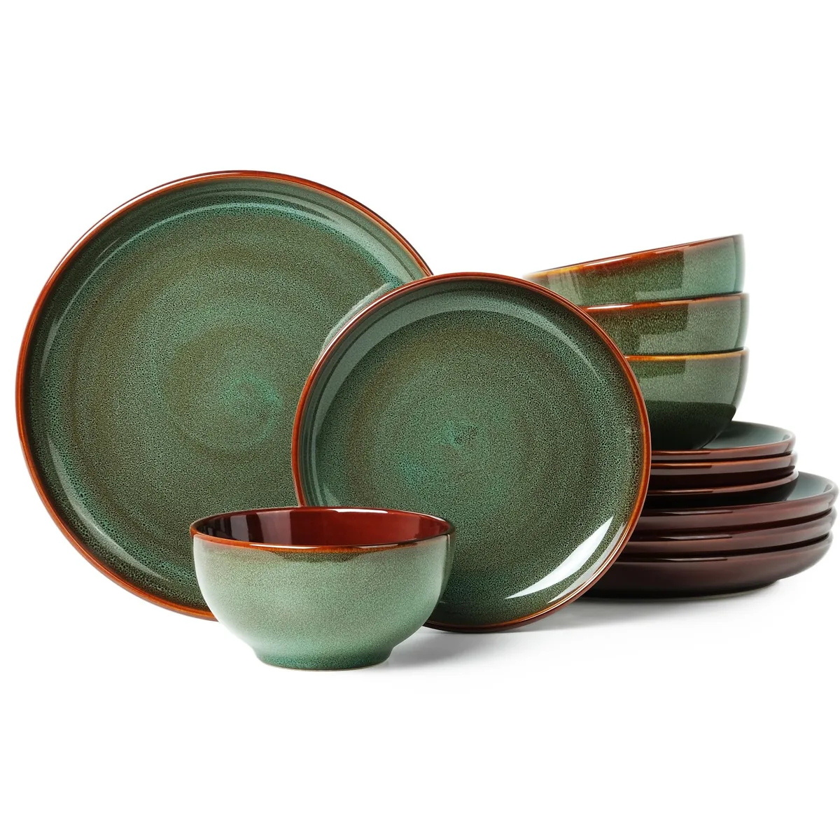 Square ceramic dinnerware set, sage green rim, glossy reactive glaze, 12 pieces