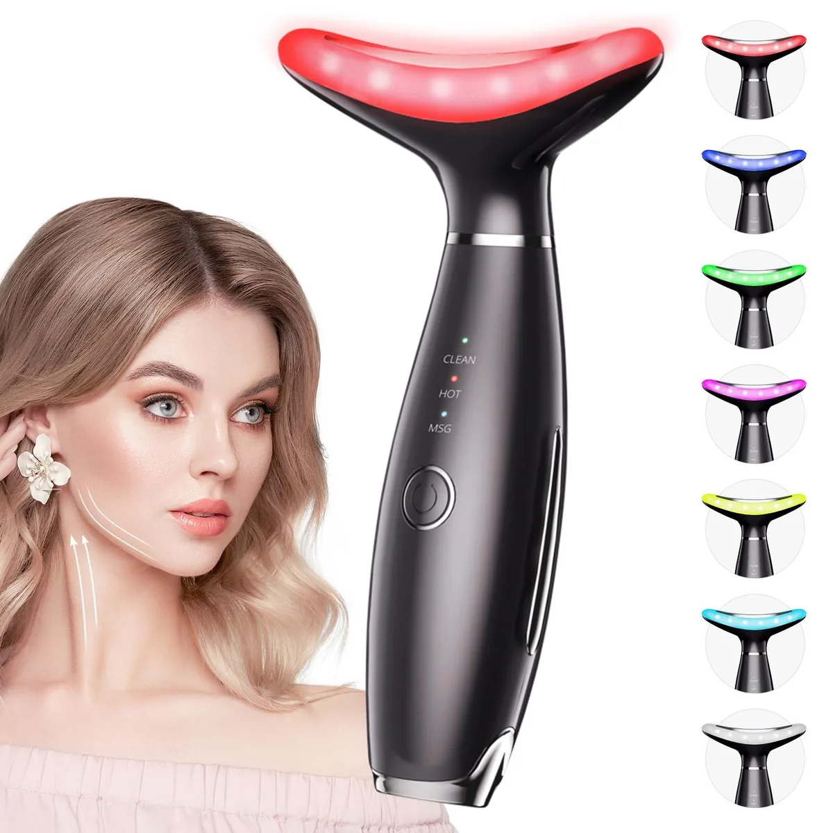 Blue handheld facial massager with smooth curved body and metal sensor head