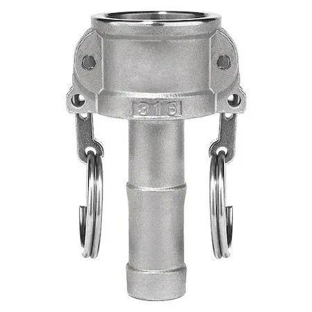 Stainless steel cam-and-groove coupling, 1-1/4 inch hose shank, silver finish