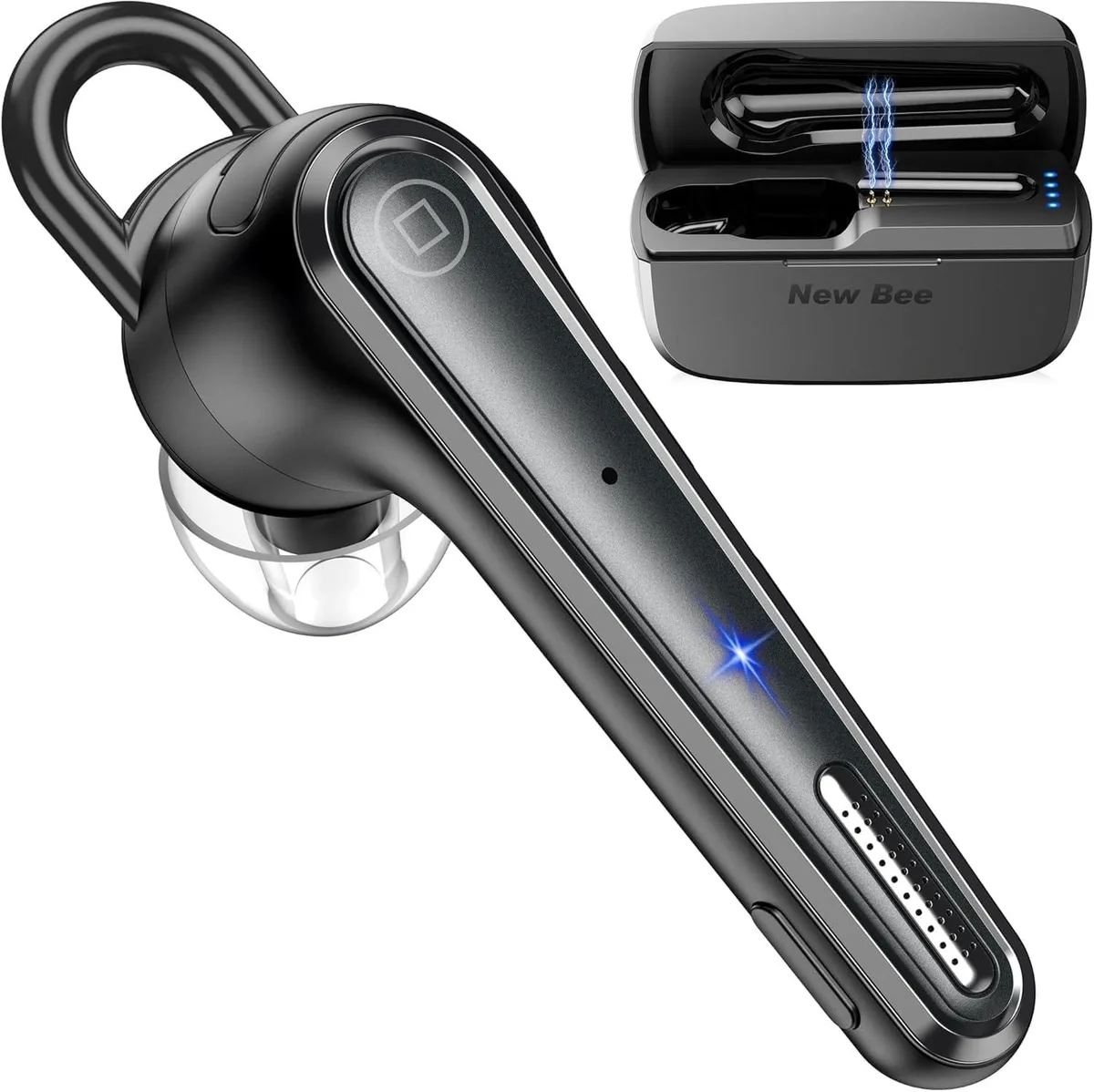 White single-ear Bluetooth headset with 360° ear hook, 45° rotating earpiece, 180° mic and wireless charging case