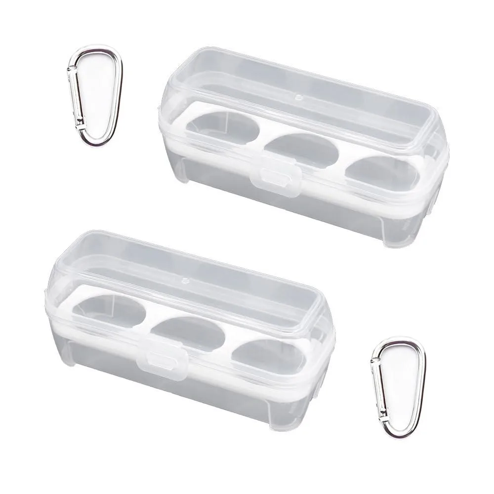 Two clear polypropylene egg boxes with three rounded compartments each, stackable design, hanging hole on lid