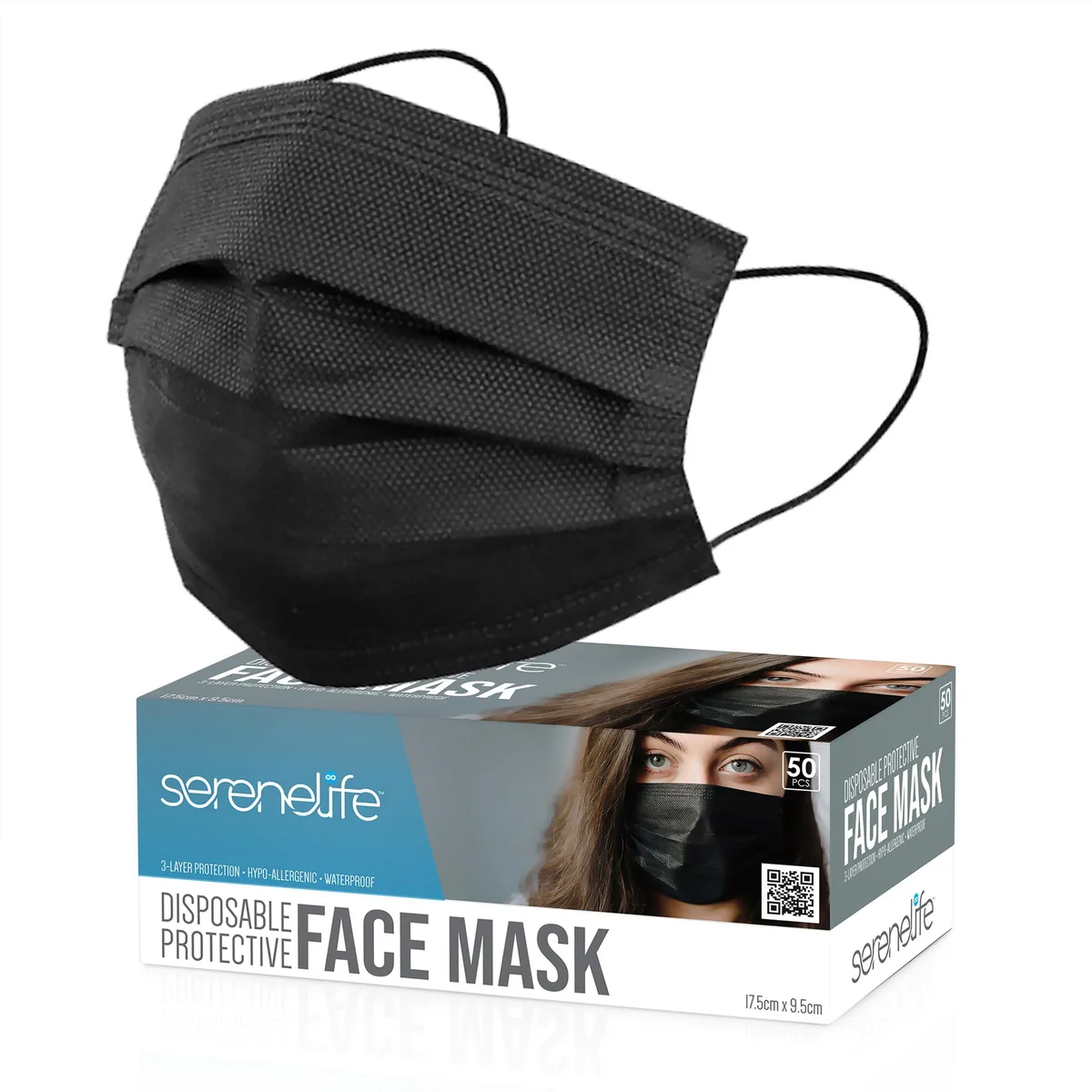 SereneLife 3-Ply Disposable Face Masks 50 Count Black — product photo