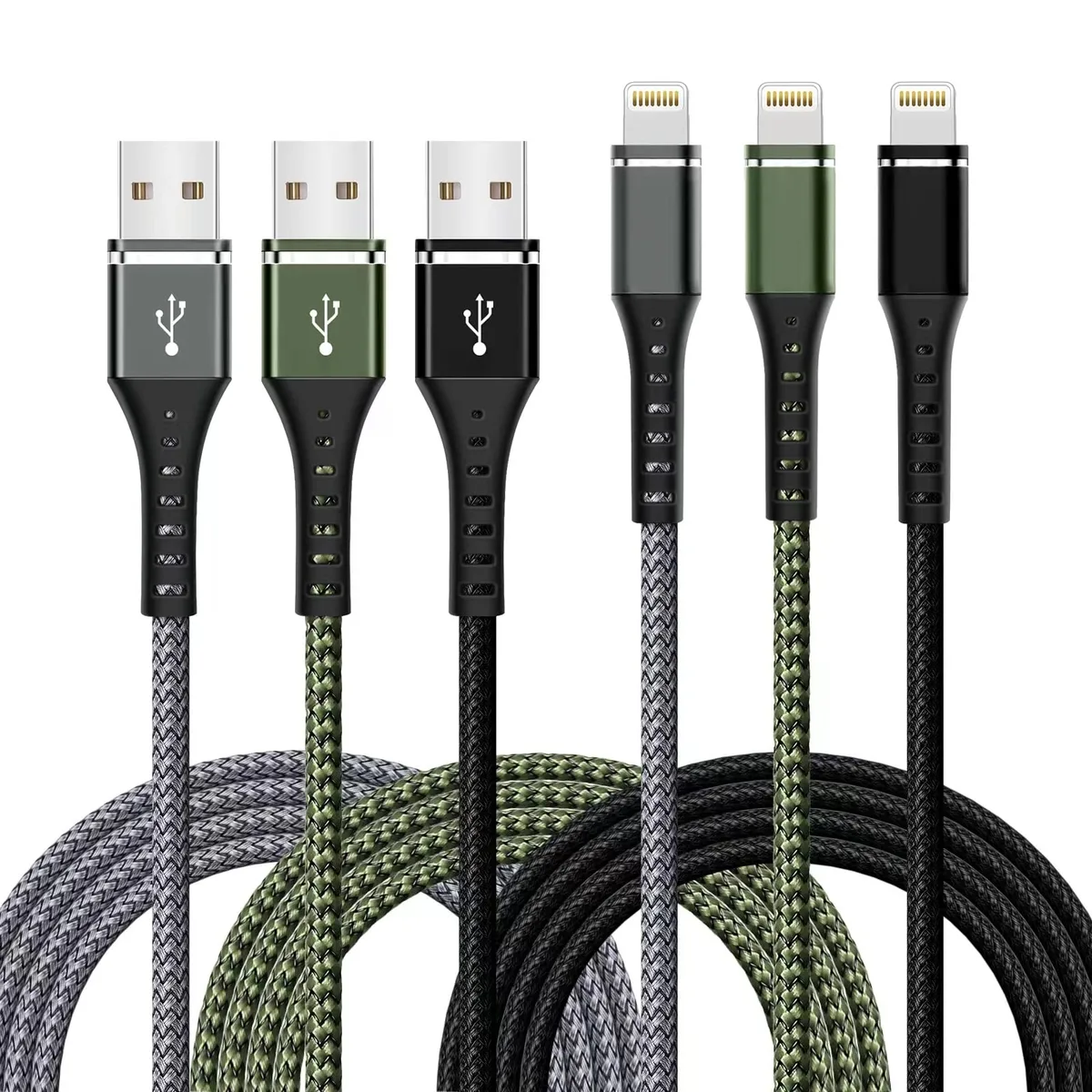 Three 3ft USB-A to Lightning cables in green, grey and black with braided nylon finish