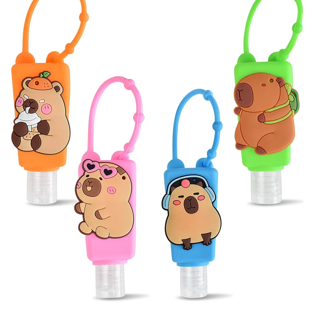 Four 30 ml silicone bottles with capybara print and flip caps