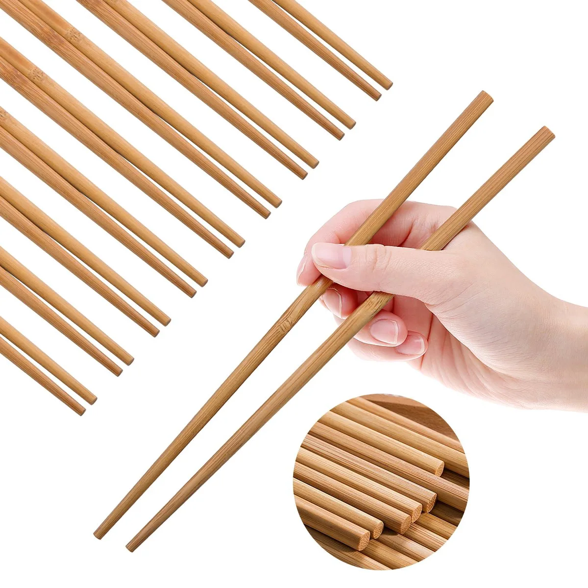 Ten pairs of light-brown bamboo chopsticks, 25 cm long, rounded tips, natural finish