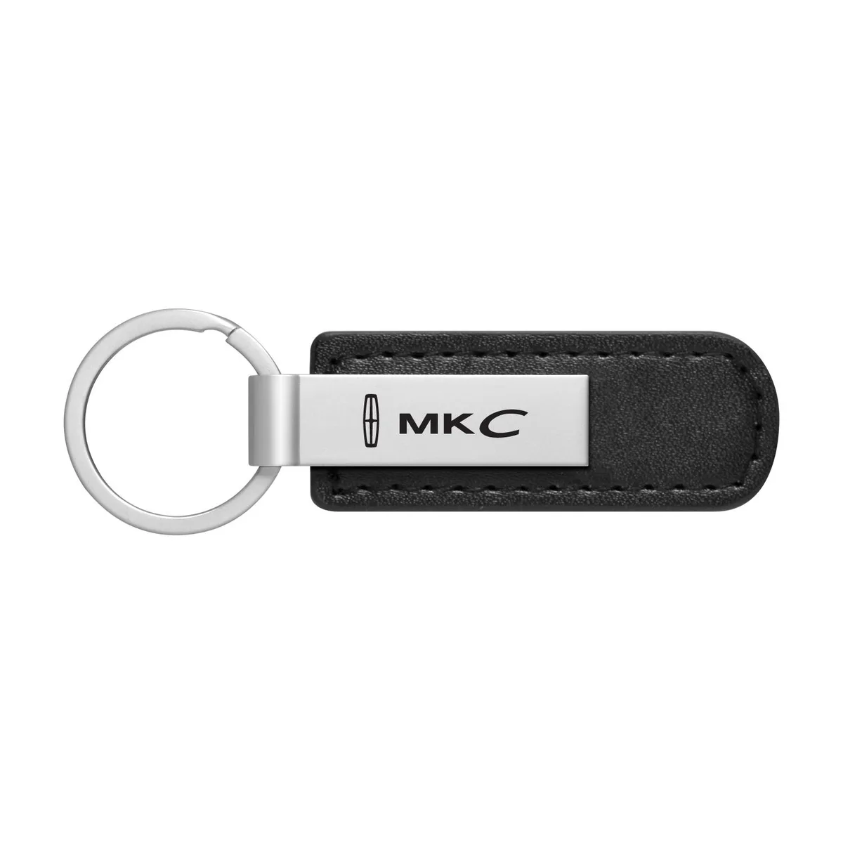 Black leather key fob with silver metal Lincoln MKC logo tag
