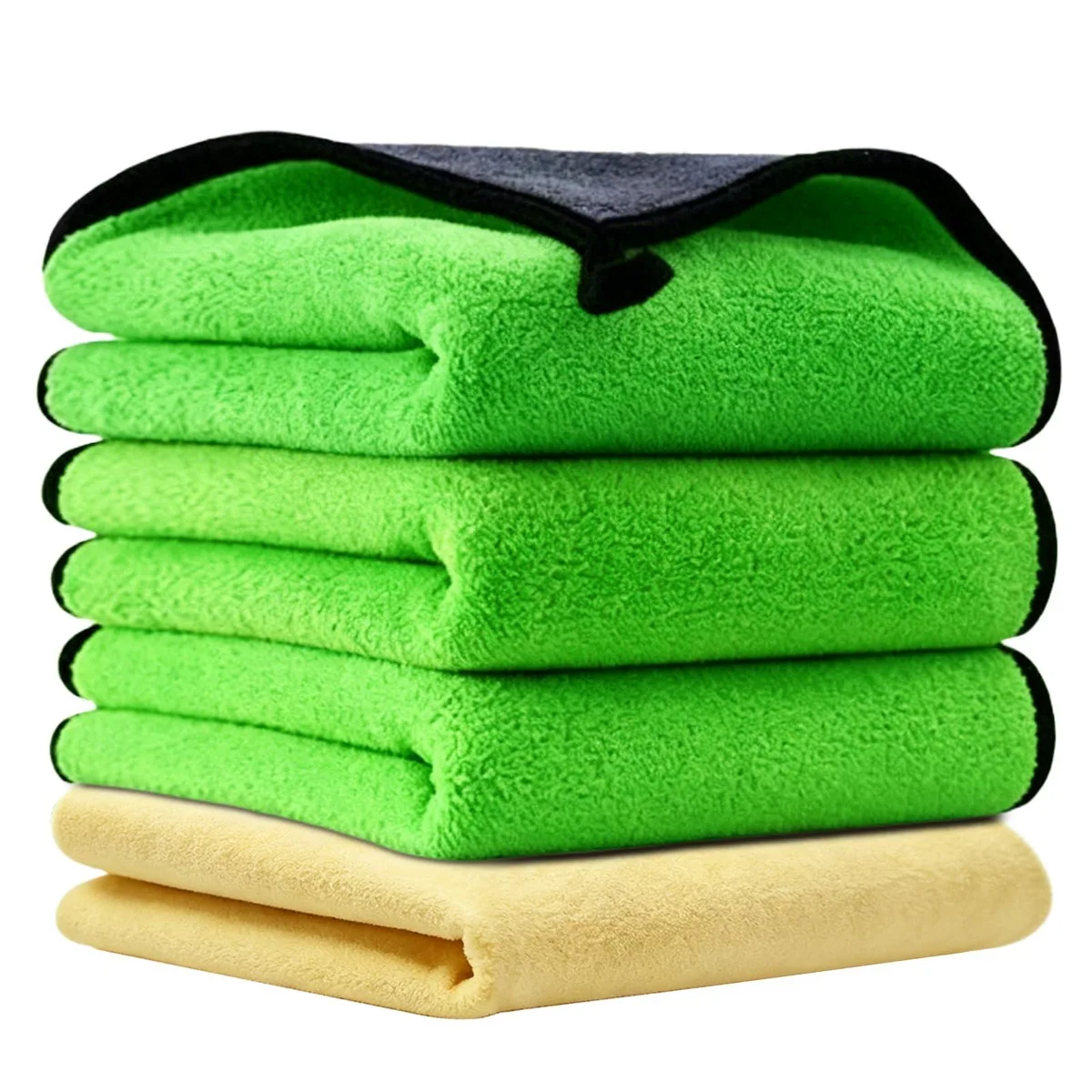 Four green microfiber cloths, 30 by 40 cm, folded flat