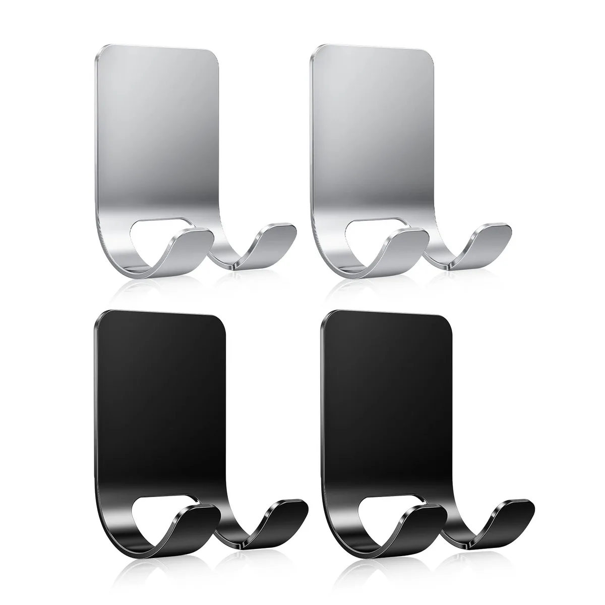 Pair of silver-black 304 stainless steel double hooks with adhesive backing