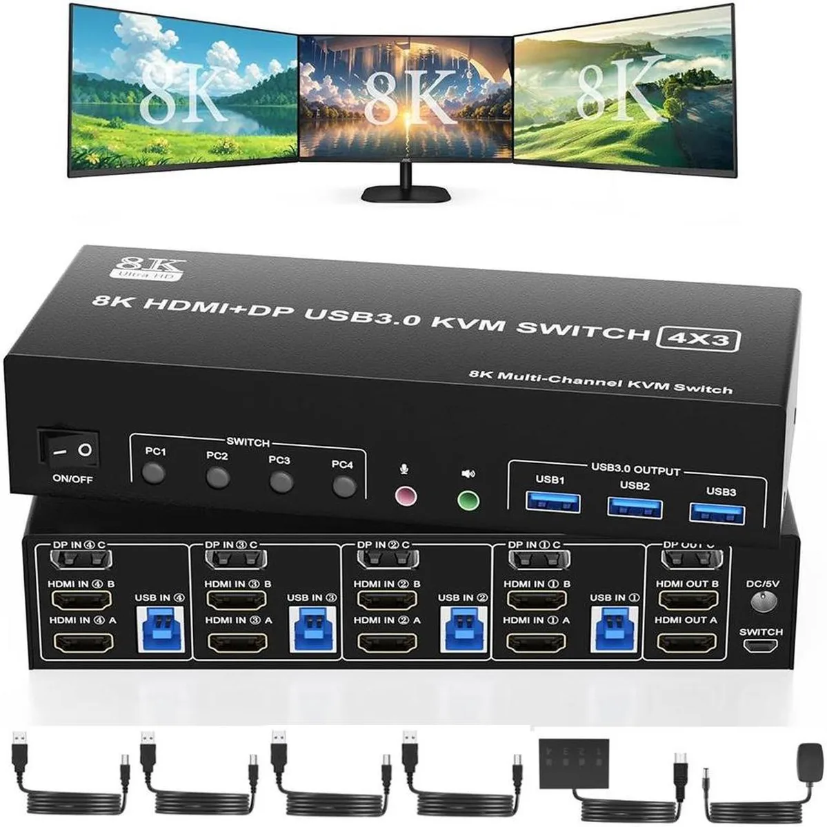 Vszerda Vszerda 4-Port Triple-Monitor KVM Switch 8K 60Hz 2 HDMI 1 DP USB 3.0 Audio — product photo