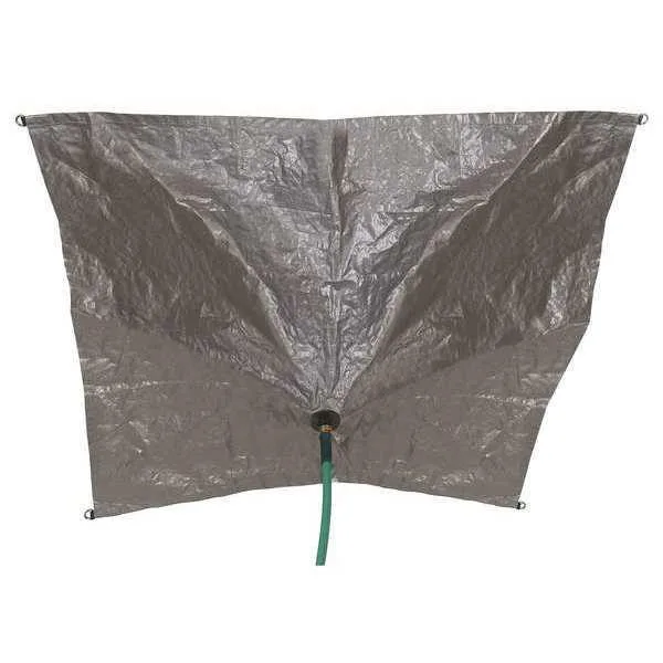 Black and silver square polyethylene leak diverter tarp with bungee cords and hooks, 10 by 10 feet