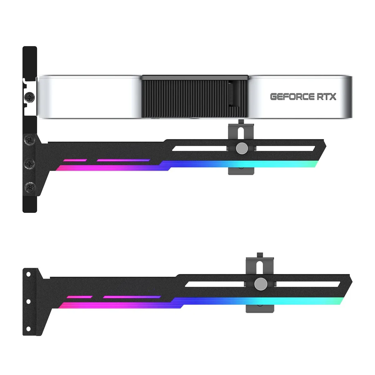 Black metal GPU support bracket with adjustable slide rail and 5V ARGB lighting strip