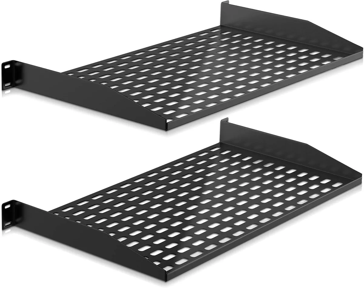 Two black vented metal shelves with mounting brackets for 19-inch racks